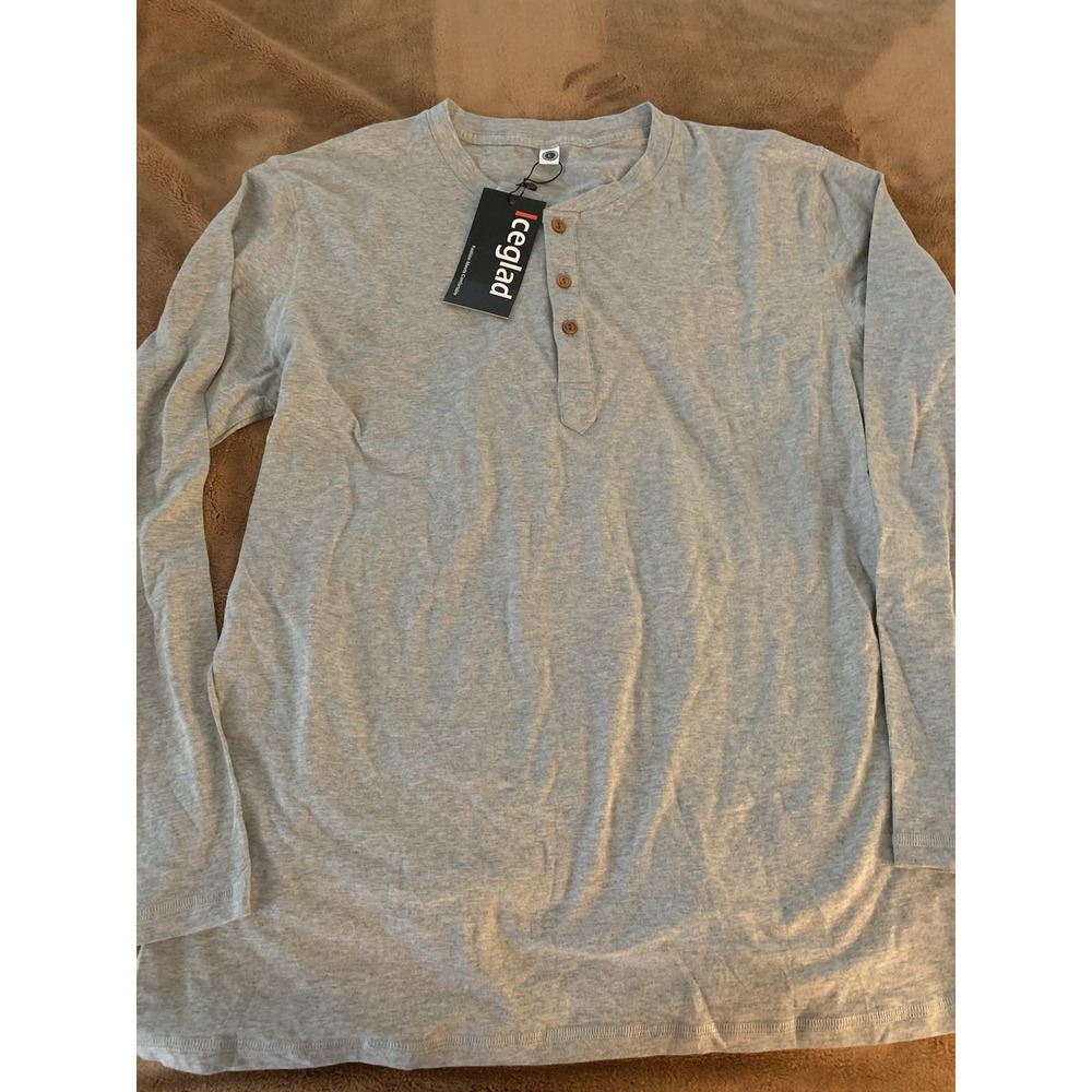 Iceglad Henley Mens Size Large Gray Knit Cotton Long Sleeve Casual Button Shirt